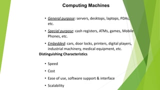 Computing Machines
• General purpose: servers, desktops, laptops, PDAs,
etc.
• Special purpose: cash registers, ATMs, games, Mobile
Phones, etc.
• Embedded: cars, door locks, printers, digital players,
industrial machinery, medical equipment, etc.
Distinguishing Characteristics
• Speed
• Cost
• Ease of use, software support & interface
• Scalability
 