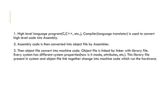 1. High level language program(C,C++, etc.,), Compiler(language translator) is used to convert
high level code into Assembly.
2. Assembly code is then converted into object file by Assembler.
3. Then object file convert into machine code. Object file is linked by linker with library file.
Every system has different system properties(how is it made, attributes, etc.). This library file
present in system and object file link together change into machine code which run the hardware.
 