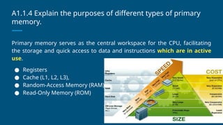 A1.1.4 Explain the purposes of different types of primary
memory.
Primary memory serves as the central workspace for the CPU, facilitating
the storage and quick access to data and instructions which are in active
use.
● Registers
● Cache (L1, L2, L3),
● Random-Access Memory (RAM)
● Read-Only Memory (ROM)
 