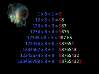 1x8+1=9
       12 x 8 + 2 = 98
      123 x 8 + 3 = 987
     1234 x 8 + 4 = 9876
    12345 x 8 + 5 = 987 65
   123456 x 8 + 6 = 987654
  1234567 x 8 + 7 = 9876543
 12345678 x 8 + 8 = 98765432
123456789 x 8 + 9 = 987654321
 
