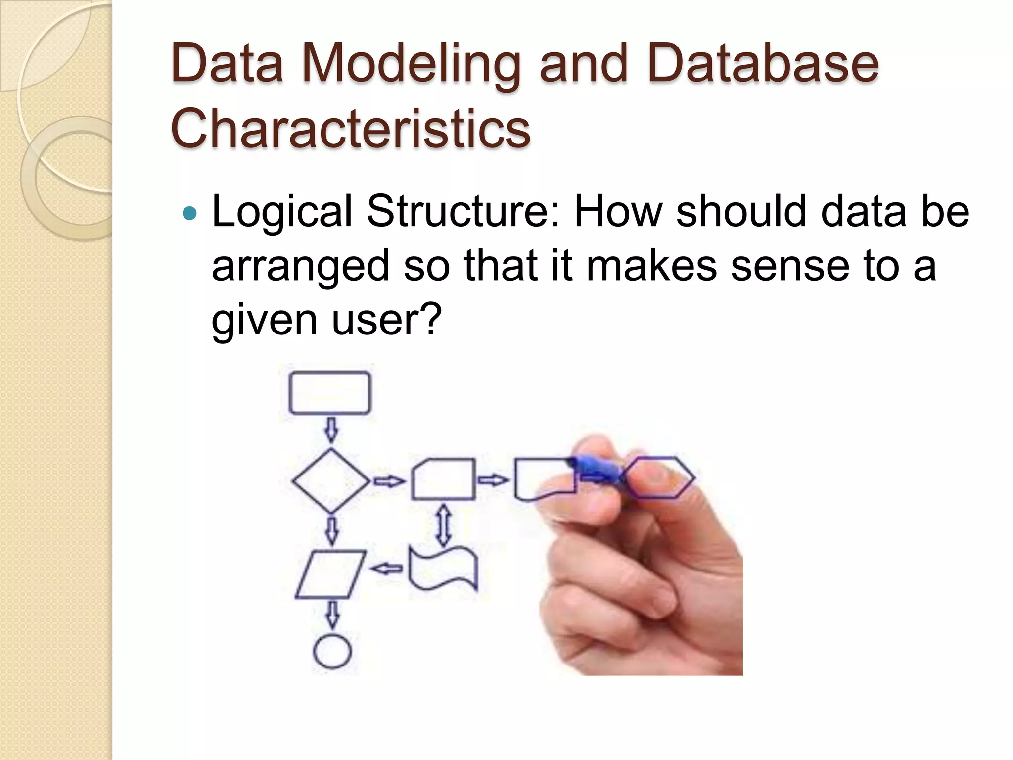 Data Modeling and Database
Characteristics
   Logical Structure: How should data be
    arranged so that it makes sense to a
    given user?
 
