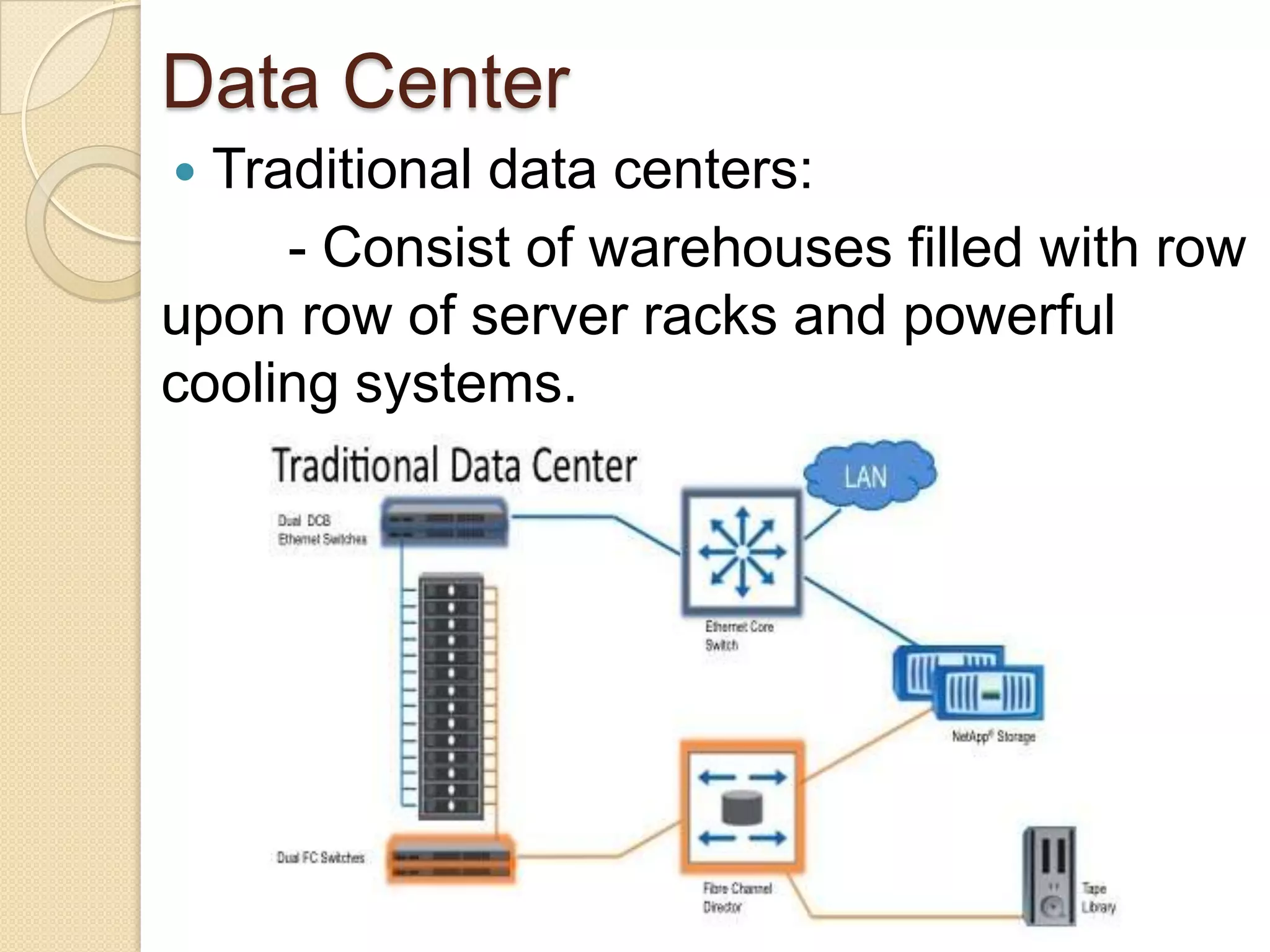 Data Center
 Traditional data centers:
     - Consist of warehouses filled with row
upon row of server racks and powerful
cooling systems.
 