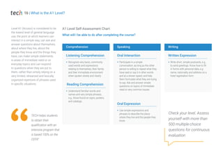Level A1 (Access) is considered to be
the lowest level of general language
use, the point at which learners can
interact in a simple way, can ask and
answer questions about themselves,
about where they live, about the
people they know and the things they
have, can make simple statements
in areas of immediate need or on
everyday topics and can respond
to questions when they are put to
them, rather than simply relying on a
very limited, rehearsed and lexically
organized repertoire of phrases used
in specific situations.
TECH helps students
to obtain their
qualification with an
intensive program that
is based 100% on the
CEFR"
16 | What is the A1 Level?
Check your level. Assess
yourself with more than
500 multiple-choice
questions for continuous
evaluation
A1 Level Self-Assessment Chart
What will I be able to do after completing the course?
Comprehension Speaking Writing
Listening Comprehension
Š Recognize very basic, commonly-
used words and expressions
relating to themselves, their family
and their immediate environment
when spoken slowly and clearly
Reading Comprehension
Š Understand familiar words and
names and very simple phrases,
e.g., those found on signs, posters,
and catalogs
Oral Interaction
Š Participate in a simple
conversation, as long as the other
person is willing to repeat what they
have said or say it in other words
and at a slower speed, and help
them formulate what they are trying
to say. Ask and answer simple
questions on topics of immediate
need or very common issues
Oral Expression
Š Use simple expressions and
phrases to describe the place
where they live and the people they
know
Written Expression
Š Write short, simple postcards, e.g.,
to send greetings. Know how to fill
in forms with personal data, e.g.
name, nationality and address on a
hotel registration form
 