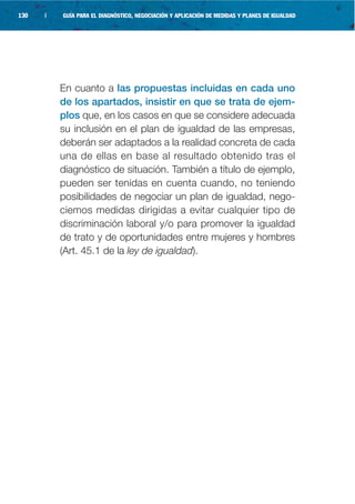 130   |   GUÍA PARA EL DIAGNÓSTICO, NEGOCIACIÓN Y APLICACIÓN DE MEDIDAS Y PLANES DE IGUALDAD




          En cuanto a las propuestas incluidas en cada uno
          de los apartados, insistir en que se trata de ejem-
          plos que, en los casos en que se considere adecuada
          su inclusión en el plan de igualdad de las empresas,
          deberán ser adaptados a la realidad concreta de cada
          una de ellas en base al resultado obtenido tras el
          diagnóstico de situación. También a título de ejemplo,
          pueden ser tenidas en cuenta cuando, no teniendo
          posibilidades de negociar un plan de igualdad, nego-
          ciemos medidas dirigidas a evitar cualquier tipo de
          discriminación laboral y/o para promover la igualdad
          de trato y de oportunidades entre mujeres y hombres
          (Art. 45.1 de la ley de igualdad).
 