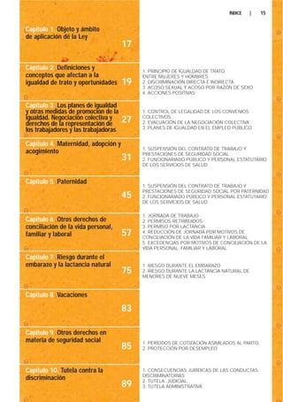 ÍNDICE     |   15


Capítulo 1. Objeto y ámbito
de aplicación de la Ley
                                      17

Capítulo 2. Definiciones y                 1. PRINCIPIO DE IGUALDAD DE TRATO
conceptos que afectan a la                 ENTRE MUJERES Y HOMBRES
igualdad de trato y oportunidades     19   2. DISCRIMINACIÓN DIRECTA E INDIRECTA
                                           3. ACOSO SEXUAL Y ACOSO POR RAZÓN DE SEXO
                                           4. ACCIONES POSITIVAS

Capítulo 3. Los planes de igualdad
y otras medidas de promoción de la         1. CONTROL DE LEGALIDAD DE LOS CONVENIOS
igualdad. Negociación colectiva y     27   COLECTIVOS
derechos de la representación de           2. EVALUACIÓN DE LA NEGOCIACIÓN COLECTIVA
                                           3. PLANES DE IGUALDAD EN EL EMPLEO PÚBLICO
los trabajadores y las trabajadoras

Capítulo 4. Maternidad, adopción y
                                           1. SUSPENSIÓN DEL CONTRATO DE TRABAJO Y
acogimiento                                PRESTACIONES DE SEGURIDAD SOCIAL
                                      31   2. FUNCIONARIADO PÚBLICO Y PERSONAL ESTATUTARIO
                                           DE LOS SERVICIOS DE SALUD


Capítulo 5. Paternidad
                                           1. SUSPENSIÓN DEL CONTRATO DE TRABAJO Y
                                           PRESTACIONES DE SEGURIDAD SOCIAL POR PATERNIDAD
                                      45   2. FUNCIONARIADO PÚBLICO Y PERSONAL ESTATUTARIO
                                           DE LOS SERVICIOS DE SALUD

                                           1. JORNADA DE TRABAJO
Capítulo 6. Otros derechos de              2. PERMISOS RETRIBUIDOS
conciliación de la vida personal,          3. PERMISO POR LACTANCIA
familiar y laboral                    57   4. REDUCCIÓN DE JORNADA POR MOTIVOS DE
                                           CONCILIACIÓN DE LA VIDA FAMILIAR Y LABORAL
                                           5. EXCEDENCIAS POR MOTIVOS DE CONCILIACIÓN DE LA
                                           VIDA PERSONAL, FAMILIAR Y LABORAL

Capítulo 7. Riesgo durante el
embarazo y la lactancia natural            1. RIESGO DURANTE EL EMBARAZO
                                      75   2. RIESGO DURANTE LA LACTANCIA NATURAL DE
                                           MENORES DE NUEVE MESES



Capítulo 8. Vacaciones

                                      83

Capítulo 9. Otros derechos en
materia de seguridad social                1. PERÍODOS DE COTIZACIÓN ASIMILADOS AL PARTO
                                      85   2. PROTECCIÓN POR DESEMPLEO



Capítulo 10. Tutela contra la              1. CONSECUENCIAS JURÍDICAS DE LAS CONDUCTAS
                                           DISCRIMINATORIAS
discriminación                             2. TUTELA JUDICIAL
                                      89   3. TUTELA ADMINISTRATIVA
 