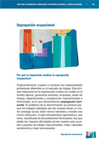 GUÍA PARA EL DIAGNÓSTICO, NEGOCIACIÓN Y APLICACIÓN DE MEDIDAS Y PLANES DE IGUALDAD   |   143




Segregación ocupacional




Por qué es importante analizar la segregación
ocupacional:

Tradicionalmente, mujeres y hombres han desempeñado
profesiones diferentes en el mercado de trabajo. Esta divi-
sión tradicional se ha reproducido a todos los niveles en el
ámbito laboral, generando sectores, empresas, áreas de
trabajo, departamentos y ocupaciones masculinizadas o
feminizadas, es lo que denominamos segregación hori-
zontal. El problema de la discriminación se produce por-
que los trabajos realizados por las mujeres tienen un me-
nor prestigio social, están menos valorados y reciben una
menor retribución. A esta infravaloración apriorística y, por
tanto, injustificada de las profesiones feminizadas, hay que
añadir las mayores dificultades de las mujeres para acce-
der a puestos de trabajo masculinizados, mejor valorados
socialmente y mejor remunerados.

                                                       Segregación ocupacional
 