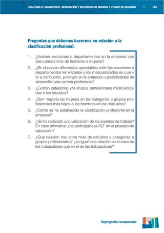 GUÍA PARA EL DIAGNÓSTICO, NEGOCIACIÓN Y APLICACIÓN DE MEDIDAS Y PLANES DE IGUALDAD   |   145




Preguntas que debemos hacernos en relación a la
clasificación profesional:

1.   ¿Existen secciones o departamentos en la empresa con
     claro predominio de hombres o mujeres?
2.   ¿Se observan diferencias apreciables entre las secciones o
     departamentos feminizados y los masculinizados en cuan-
     to a retribución, prestigio en la empresa o posibilidades de
     desarrollar una carrera profesional?
3.   ¿Existen categorías y/o grupos profesionales masculiniza-
     dos o feminizados?
4.   ¿Son mayoría las mujeres en las categorías o grupos pro-
     fesionales más bajos o los hombres en los más altos?
5.   ¿Cómo se ha establecido la clasificación profesional en la
     empresa?
6.   ¿Se ha realizado una valoración de los puestos de trabajo?
     En caso afirmativo ¿ha participado la RLT en el proceso de
     valoración?
7.   ¿Qué relación hay entre nivel de estudios y categorías o
     grupos profesionales? ¿es igual esta relación en el caso de
     los trabajadores que en el de las trabajadoras?




                                                       Segregación ocupacional
 