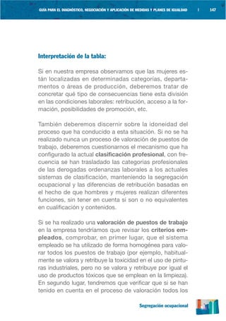 GUÍA PARA EL DIAGNÓSTICO, NEGOCIACIÓN Y APLICACIÓN DE MEDIDAS Y PLANES DE IGUALDAD   |   147




Interpretación de la tabla:

Si en nuestra empresa observamos que las mujeres es-
tán localizadas en determinadas categorías, departa-
mentos o áreas de producción, deberemos tratar de
concretar qué tipo de consecuencias tiene esta división
en las condiciones laborales: retribución, acceso a la for-
mación, posibilidades de promoción, etc.

También deberemos discernir sobre la idoneidad del
proceso que ha conducido a esta situación. Si no se ha
realizado nunca un proceso de valoración de puestos de
trabajo, deberemos cuestionarnos el mecanismo que ha
configurado la actual clasificación profesional, con fre-
cuencia se han trasladado las categorías profesionales
de las derogadas ordenanzas laborales a los actuales
sistemas de clasificación, manteniendo la segregación
ocupacional y las diferencias de retribución basadas en
el hecho de que hombres y mujeres realizan diferentes
funciones, sin tener en cuenta si son o no equivalentes
en cualificación y contenidos.

Si se ha realizado una valoración de puestos de trabajo
en la empresa tendríamos que revisar los criterios em-
pleados, comprobar, en primer lugar, que el sistema
empleado se ha utilizado de forma homogénea para valo-
rar todos los puestos de trabajo (por ejemplo, habitual-
mente se valora y retribuye la toxicidad en el uso de pintu-
ras industriales, pero no se valora y retribuye por igual el
uso de productos tóxicos que se emplean en la limpieza).
En segundo lugar, tendremos que verificar que si se han
tenido en cuenta en el proceso de valoración todos los

                                                       Segregación ocupacional
 