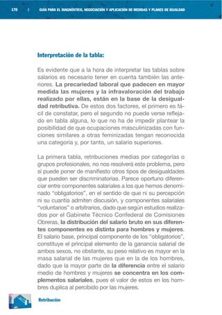 170   |   GUÍA PARA EL DIAGNÓSTICO, NEGOCIACIÓN Y APLICACIÓN DE MEDIDAS Y PLANES DE IGUALDAD




          Interpretación de la tabla:

          Es evidente que a la hora de interpretar las tablas sobre
          salarios es necesario tener en cuenta también las ante-
          riores. La precariedad laboral que padecen en mayor
          medida las mujeres y la infravaloración del trabajo
          realizado por ellas, están en la base de la desigual-
          dad retributiva. De estos dos factores, el primero es fá-
          cil de constatar, pero el segundo no puede verse refleja-
          do en tabla alguna, lo que no ha de impedir plantear la
          posibilidad de que ocupaciones masculinizadas con fun-
          ciones similares a otras feminizadas tengan reconocida
          una categoría y, por tanto, un salario superiores.

          La primera tabla, retribuciones medias por categorías o
          grupos profesionales, no nos resolverá este problema, pero
          sí puede poner de manifiesto otros tipos de desigualdades
          que pueden ser discriminatorias. Parece oportuno diferen-
          ciar entre componentes salariales a los que hemos denomi-
          nado “obligatorios”, en el sentido de que ni su percepción
          ni su cuantía admiten discusión, y componentes salariales
          “voluntarios” o arbitrarios, dado que según estudios realiza-
          dos por el Gabinete Técnico Confederal de Comisiones
          Obreras, la distribución del salario bruto en sus diferen-
          tes componentes es distinta para hombres y mujeres.
          El salario base, principal componente de los “obligatorios”,
          constituye el principal elemento de la ganancia salarial de
          ambos sexos, no obstante, su peso relativo es mayor en la
          masa salarial de las mujeres que en la de los hombres,
          dado que la mayor parte de la diferencia entre el salario
          medio de hombres y mujeres se concentra en los com-
          plementos salariales, pues el valor de estos en los hom-
          bres duplica al percibido por las mujeres.

          Retribución
 