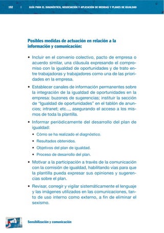 192   |   GUÍA PARA EL DIAGNÓSTICO, NEGOCIACIÓN Y APLICACIÓN DE MEDIDAS Y PLANES DE IGUALDAD




          Posibles medidas de actuación en relación a la
          información y comunicación:

          • Incluir en el convenio colectivo, pacto de empresa o
            acuerdo similar, una cláusula expresando el compro-
            miso con la igualdad de oportunidades y de trato en-
            tre trabajadoras y trabajadores como una de las priori-
            dades en la empresa.
          • Establecer canales de información permanentes sobre
            la integración de la igualdad de oportunidades en la
            empresa: buzones de sugerencias; instituir la sección
            de “Igualdad de oportunidades” en el tablón de anun-
            cios; intranet; etc..., asegurando el acceso a los mis-
            mos de toda la plantilla.
          • Informar periódicamente del desarrollo del plan de
            igualdad:
            • Cómo se ha realizado el diagnóstico.
            • Resultados obtenidos.
            • Objetivos del plan de igualdad.
            • Proceso de desarrollo del plan.
          • Motivar a la participación a través de la comunicación
            con la comisión de igualdad, habilitando vías para que
            la plantilla pueda expresar sus opiniones y sugeren-
            cias sobre el plan.
          • Revisar, corregir y vigilar sistemáticamente el lenguaje
            y las imágenes utilizados en las comunicaciones, tan-
            to de uso interno como externo, a fin de eliminar el
            sexismo.



          Sensibilización y comunicación
 