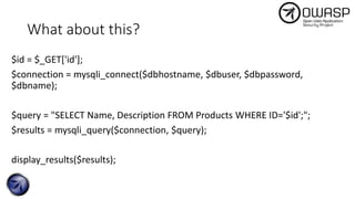 What about this?
$id = $_GET['id'];
$connection = mysqli_connect($dbhostname, $dbuser, $dbpassword,
$dbname);
$query = "SELECT Name, Description FROM Products WHERE ID='$id';";
$results = mysqli_query($connection, $query);
display_results($results);
 