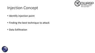 Injection Concept
• Identify injection point
• Finding the best technique to attack
• Data Exfiltration
 