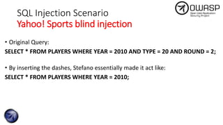 SQL Injection Scenario
Yahoo! Sports blind injection
• Original Query:
SELECT * FROM PLAYERS WHERE YEAR = 2010 AND TYPE = 20 AND ROUND = 2;
• By inserting the dashes, Stefano essentially made it act like:
SELECT * FROM PLAYERS WHERE YEAR = 2010;
 