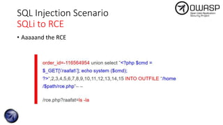 SQL Injection Scenario
SQLi to RCE
• Aaaaand the RCE
 