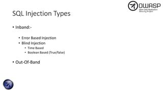 SQL Injection Types
• Inband:-
• Error Based Injection
• Blind Injection
• Time Based
• Boolean Based (True/false)
• Out-Of-Band
 