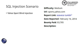 SQL Injection Scenario
• Yahoo Sport Blind Injection
 