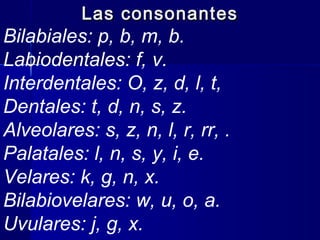Las consonantesLas consonantes
Bilabiales: p, b, m, b.
Labiodentales: f, v.
Interdentales: O, z, d, l, t,
Dentales: t, d, n, s, z.
Alveolares: s, z, n, l, r, rr, .
Palatales: l, n, s, y, i, e.
Velares: k, g, n, x.
Bilabiovelares: w, u, o, a.
Uvulares: j, g, x.
 