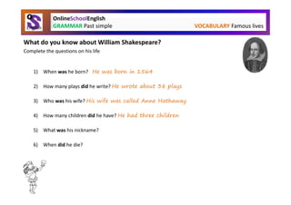 OnlineSchoolEnglish
             GRAMMAR Past simple                              VOCABULARY Famous lives

What do you know about William Shakespeare?
Complete the questions on his life


    1) When was he born? He was born in 1564

    2) How many plays did he write? He wrote about 38 plays

    3) Who was his wife? His wife was called Anne Hathaway

    4) How many children did he have? He had three children

    5) What was his nickname? His nickname was the Bard of Avon

    6) When did he die? He died in 1616
 