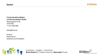 Danke!

Fonda Interaktive Medien
und Kommunikation GmbH
Neubaugasse 57/36
1070 Wien
T +43-1-8901589
office@fonda.at
fonda.at
blog.fonda.at
facebook.com/FondaWien

Innovation – Insights – Interaction
Brian Annerl A1 Telekom Austria / Hans Auer Fonda

Werbeplanung.at

13

SUMMIT

Digital-Marketing-Conference & Expo

 