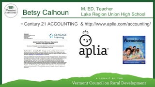 Betsy Calhoun 
M. ED, Teacher 
Lake Region Union High School 
•Century 21 ACCOUNTING & http://www.aplia.com/accounting/  