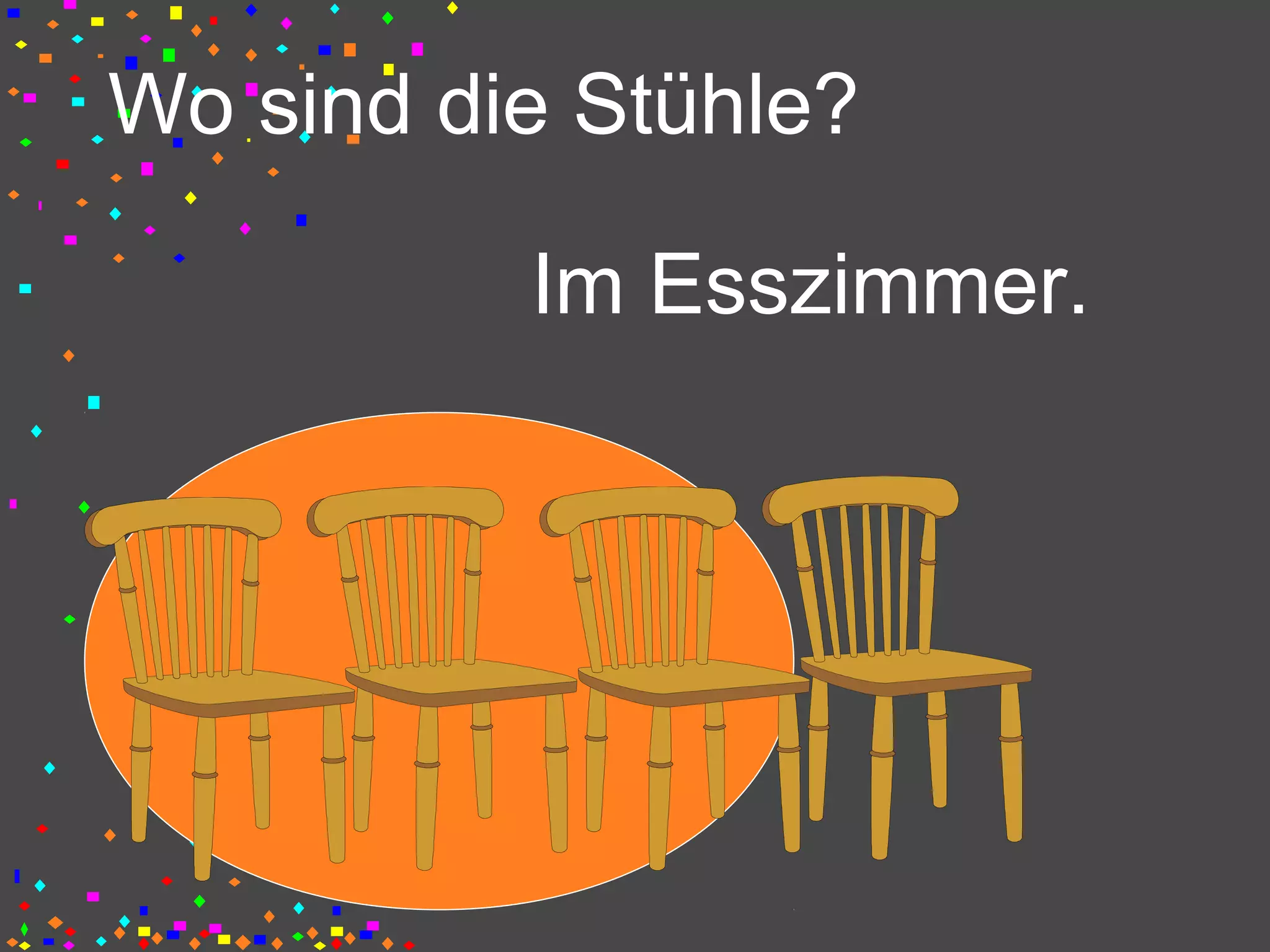 Wo sind die Stühle?
Im Esszimmer.