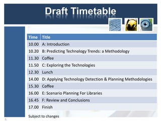 Draft Timetable
Time Title
10.00 A: Introduction
10.20 B: Predicting Technology Trends: a Methodology
11.30 Coffee

11.50 C: Exploring the Technologies
12.30 Lunch
14.00 D: Applying Technology Detection & Planning Methodologies
15.30 Coffee

16.00 E: Scenario Planning For Libraries
16.45 F: Review and Conclusions
17.00 Finish
5

Subject to changes

 