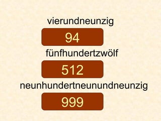 vierundneunzig fünfhundertzwölf neunhundertneunundneunzig 94 512 999 