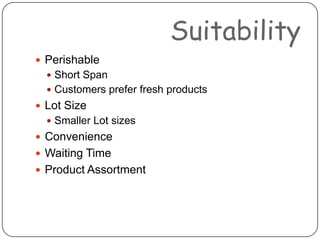 SuitabilityPerishableShort SpanCustomers prefer fresh productsLot SizeSmaller Lot sizesConvenienceWaiting TimeProduct Assortment