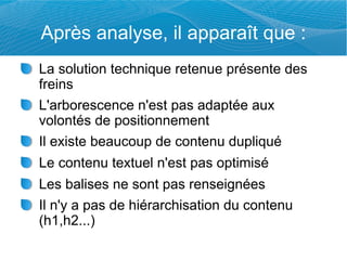 Après analyse, il apparaît que :
La solution technique retenue présente des
freins
L'arborescence n'est pas adaptée aux
volontés de positionnement
Il existe beaucoup de contenu dupliqué
Le contenu textuel n'est pas optimisé
Les balises ne sont pas renseignées
Il n'y a pas de hiérarchisation du contenu
(h1,h2...)
 