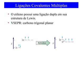 Ligações Covalentes Múltiplas
• O etileno possui uma ligação dupla em sua
estrutura de Lewis.
• VSEPR: carbono trigonal planar

 