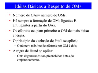 Idéias Básicas a Respeito de OMs
• Número de OAs= número de OMs.
• Há sempre a formação de OMs ligantes E
antiligantes a partir do OAs.
• Os elétrons ocupam primeiro o OM de mais baixa
energia.
• O princípio da exclusão de Pauli se aplica:
– O número máximo de elétrons por OM é dois.

• A regra de Hund se aplica:
– Oms degenerados são preenchidos antes do
emparelhamento.

 
