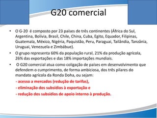 G20 comercial
• O G-20 é composto por 23 países de três continentes (África do Sul,
Argentina, Bolívia, Brasil, Chile, China, Cuba, Egito, Equador, Filipinas,
Guatemala, México, Nigéria, Paquistão, Peru, Paraguai, Tailândia, Tanzânia,
Uruguai, Venezuela e Zimbábue).
• O grupo representa 60% da população rural, 21% da produção agrícola,
26% das exportações e das 18% importações mundiais.
• O G20 comercial atua como coligação de países em desenvolvimento que
defendem o cumprimento, de forma ambiciosa, dos três pilares do
mandato agrícola da Ronda Doha, ou sejam:
- acesso a mercados (redução de tarifas),
- eliminação dos subsídios à exportação e
- redução dos subsídios de apoio interno à produção.
 