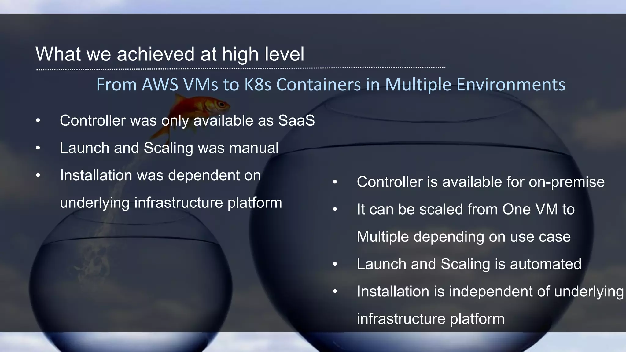 What we achieved at high level
• Controller was only available as SaaS
• Launch and Scaling was manual
• Installation was dependent on
underlying infrastructure platform
• Controller is available for on-premise
• It can be scaled from One VM to
Multiple depending on use case
• Launch and Scaling is automated
• Installation is independent of underlying
infrastructure platform
From AWS VMs to K8s Containers in Multiple Environments
 