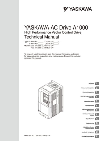 YASKAWA AC Drive A1000
High Performance Vector Control Drive
Technical Manual
MANUAL NO. SIEP C710616 21E
To properly use the product, read this manual thoroughly and retain
for easy reference, inspection, and maintenance. Ensure the end user
receives this manual.
Type: CIMR-AA , CIMR-AB ,
CIMR-AD , CIMR-AT
Models: 200 V Class: 0.4 to 110 kW
400 V Class: 0.4 to 630 kW
1
2
3
4
5
6
7
8
A
B
C
D
E
1
2
3
4
5
6
7
8
A
B
C
D
E
Receiving
Mechanical Installation
Electrical Installation
Start-Up Programming &
Operation
Parameter Details
Troubleshooting
Periodic Inspection &
Maintenance
Peripheral Devices &
Options
Specifications
Parameter List
MEMOBUS/Modbus
Communications
Standards Compliance
Quick Reference Sheet
 