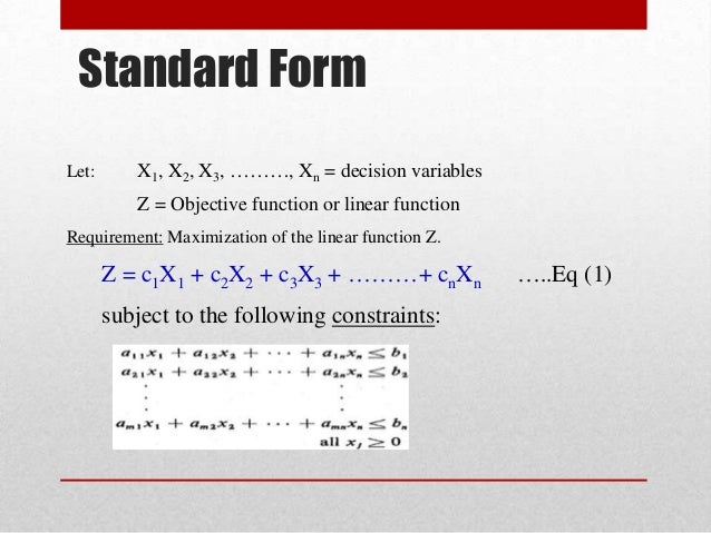 linear programming standard form of a linear function