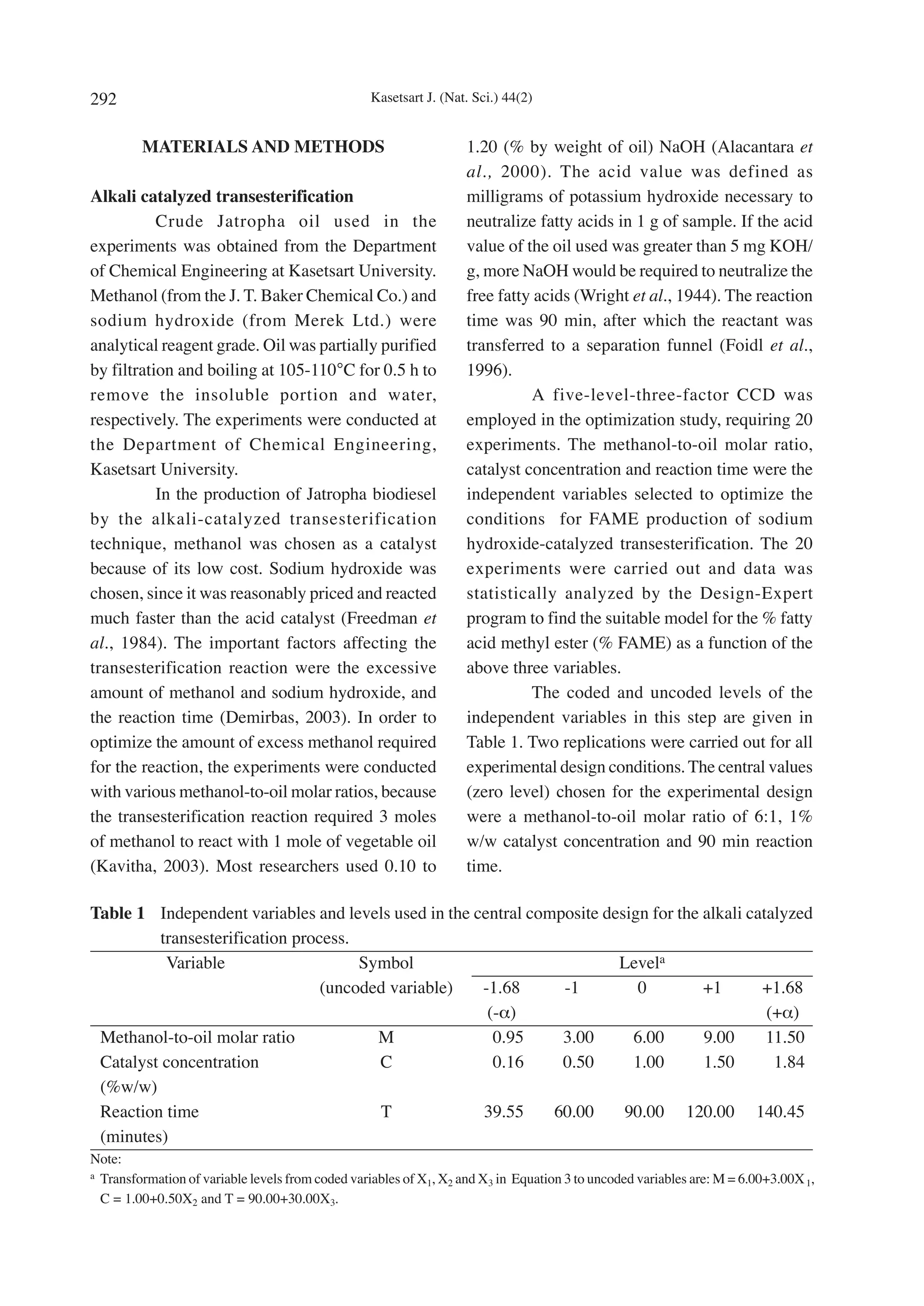 292                                              Kasetsart J. (Nat. Sci.) 44(2)


         MATERIALS AND METHODS                                    1.20 (% by weight of oil) NaOH (Alacantara et
                                                                  al., 2000). The acid value was defined as
Alkali catalyzed transesterification                              milligrams of potassium hydroxide necessary to
           Crude Jatropha oil used in the                         neutralize fatty acids in 1 g of sample. If the acid
experiments was obtained from the Department                      value of the oil used was greater than 5 mg KOH/
of Chemical Engineering at Kasetsart University.                  g, more NaOH would be required to neutralize the
Methanol (from the J. T. Baker Chemical Co.) and                  free fatty acids (Wright et al., 1944). The reaction
sodium hydroxide (from Merek Ltd.) were                           time was 90 min, after which the reactant was
analytical reagent grade. Oil was partially purified              transferred to a separation funnel (Foidl et al.,
by filtration and boiling at 105-110°C for 0.5 h to               1996).
remove the insoluble portion and water,                                     A five-level-three-factor CCD was
respectively. The experiments were conducted at                   employed in the optimization study, requiring 20
the Department of Chemical Engineering,                           experiments. The methanol-to-oil molar ratio,
Kasetsart University.                                             catalyst concentration and reaction time were the
           In the production of Jatropha biodiesel                independent variables selected to optimize the
by the alkali-catalyzed transesterification                       conditions for FAME production of sodium
technique, methanol was chosen as a catalyst                      hydroxide-catalyzed transesterification. The 20
because of its low cost. Sodium hydroxide was                     experiments were carried out and data was
chosen, since it was reasonably priced and reacted                statistically analyzed by the Design-Expert
much faster than the acid catalyst (Freedman et                   program to find the suitable model for the % fatty
al., 1984). The important factors affecting the                   acid methyl ester (% FAME) as a function of the
transesterification reaction were the excessive                   above three variables.
amount of methanol and sodium hydroxide, and                                The coded and uncoded levels of the
the reaction time (Demirbas, 2003). In order to                   independent variables in this step are given in
optimize the amount of excess methanol required                   Table 1. Two replications were carried out for all
for the reaction, the experiments were conducted                  experimental design conditions. The central values
with various methanol-to-oil molar ratios, because                (zero level) chosen for the experimental design
the transesterification reaction required 3 moles                 were a methanol-to-oil molar ratio of 6:1, 1%
of methanol to react with 1 mole of vegetable oil                 w/w catalyst concentration and 90 min reaction
(Kavitha, 2003). Most researchers used 0.10 to                    time.

Table 1 Independent variables and levels used in the central composite design for the alkali catalyzed
          transesterification process.
           Variable                    Symbol                            Levela
                                  (uncoded variable)  -1.68      -1         0         +1       +1.68
                                                       (-α)                                     (+α)
 Methanol-to-oil molar ratio             M              0.95     3.00      6.00       9.00      11.50
 Catalyst concentration                  C              0.16     0.50      1.00       1.50       1.84
 (%w/w)
 Reaction time                           T            39.55     60.00     90.00 120.00 140.45
 (minutes)
Note:
a Transformation of variable levels from coded variables of X , X and X in Equation 3 to uncoded variables are: M = 6.00+3.00X ,
                                                             1   2     3                                                      1
  C = 1.00+0.50X2 and T = 90.00+30.00X3.
 
