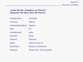 Kapitel 1 _________________________________________________Personen vorstellen Lesen Sie die „Angaben zur Person“. Sprechen Sie dann über die Person. Familienname: Schneider Vorname: Werner Staatsangehörigkeit: deutsch Alter: 33 Familienstand: ledig Herkunft: Berlin Wohnort: München Beruf: Lehrer  an der Uni Sprache(n): Deutsch, Französisch Hobby(s): Musik hören, Tennis spielen 