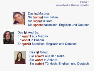Kapitel 1 ______________________________________sich und andere Personen vorstellen Das  ist   Martina. Sie  komm t  aus  Italien . Sie  wohn t  in  Rom . Sie  sprich t   Italienisch, Englisch und D eutsch. Das  ist   An drés . Er   komm t  aus  Mexiko . Er   wohn t  in  Puebla . Er   sprich t   Spanisch, Englisch  und Deutsch. Das  ist   Gönül . Sie   komm t  aus  der Türkei . Sie  wohn t  in  Ankara . Sie  sprich t   Türkisch, Englisch  und Deutsch. 