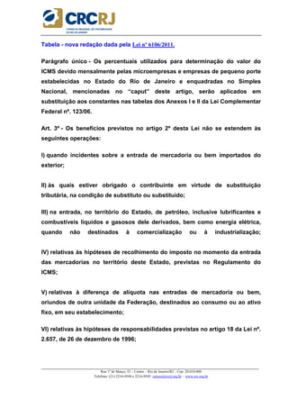 _____________________________________________________________________________________________________
Rua 1º de Março, 33 – Centro – Rio de Janeiro/RJ – Cep: 20.010-000
Telefone: (21) 2216-9544 e 2216-9545 cursos@crcrj.org.br – www.crc.org.br
Tabela - nova redação dada pela Lei nº 6106/2011.
Parágrafo único - Os percentuais utilizados para determinação do valor do
ICMS devido mensalmente pelas microempresas e empresas de pequeno porte
estabelecidas no Estado do Rio de Janeiro e enquadradas no Simples
Nacional, mencionadas no “caput” deste artigo, serão aplicados em
substituição aos constantes nas tabelas dos Anexos I e II da Lei Complementar
Federal nº. 123/06.
Art. 3º - Os benefícios previstos no artigo 2º desta Lei não se estendem às
seguintes operações:
I) quando incidentes sobre a entrada de mercadoria ou bem importados do
exterior;
II) às quais estiver obrigado o contribuinte em virtude de substituição
tributária, na condição de substituto ou substituído;
III) na entrada, no território do Estado, de petróleo, inclusive lubrificantes e
combustíveis líquidos e gasosos dele derivados, bem como energia elétrica,
quando não destinados à comercialização ou à industrialização;
IV) relativas às hipóteses de recolhimento do imposto no momento da entrada
das mercadorias no território deste Estado, previstas no Regulamento do
ICMS;
V) relativas à diferença de alíquota nas entradas de mercadoria ou bem,
oriundos de outra unidade da Federação, destinados ao consumo ou ao ativo
fixo, em seu estabelecimento;
VI) relativas às hipóteses de responsabilidades previstas no artigo 18 da Lei nº.
2.657, de 26 de dezembro de 1996;
 