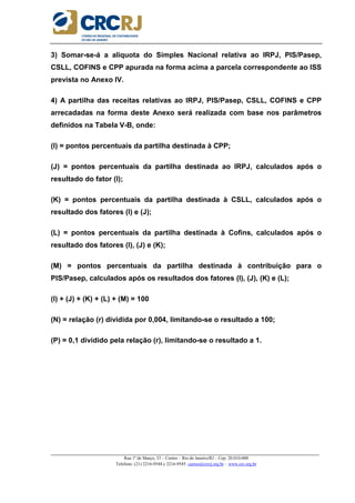 _____________________________________________________________________________________________________
Rua 1º de Março, 33 – Centro – Rio de Janeiro/RJ – Cep: 20.010-000
Telefone: (21) 2216-9544 e 2216-9545 cursos@crcrj.org.br – www.crc.org.br
3) Somar-se-á a alíquota do Simples Nacional relativa ao IRPJ, PIS/Pasep,
CSLL, COFINS e CPP apurada na forma acima a parcela correspondente ao ISS
prevista no Anexo IV.
4) A partilha das receitas relativas ao IRPJ, PIS/Pasep, CSLL, COFINS e CPP
arrecadadas na forma deste Anexo será realizada com base nos parâmetros
definidos na Tabela V-B, onde:
(I) = pontos percentuais da partilha destinada à CPP;
(J) = pontos percentuais da partilha destinada ao IRPJ, calculados após o
resultado do fator (I);
(K) = pontos percentuais da partilha destinada à CSLL, calculados após o
resultado dos fatores (I) e (J);
(L) = pontos percentuais da partilha destinada à Cofins, calculados após o
resultado dos fatores (I), (J) e (K);
(M) = pontos percentuais da partilha destinada à contribuição para o
PIS/Pasep, calculados após os resultados dos fatores (I), (J), (K) e (L);
(I) + (J) + (K) + (L) + (M) = 100
(N) = relação (r) dividida por 0,004, limitando-se o resultado a 100;
(P) = 0,1 dividido pela relação (r), limitando-se o resultado a 1.
 