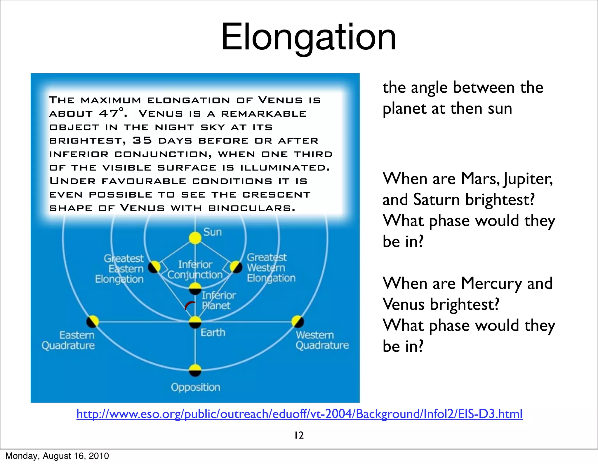 Elongation
                                                                     the angle between the
         The maximum elongation of Venus is
         about 47°. Venus is a remarkable                            planet at then sun
         object in the night sky at its
         brightest, 35 days before or after
         inferior conjunction, when one third
         of the visible surface is illuminated.
         Under favourable conditions it is                           When are Mars, Jupiter,
         even possible to see the crescent
         shape of Venus with binoculars.                             and Saturn brightest?
                                                                     What phase would they
                                                                     be in?

                                                                     When are Mercury and
                                                                     Venus brightest?
                                 (




                                                                     What phase would they
                                                                     be in?


               http://www.eso.org/public/outreach/eduoff/vt-2004/Background/Infol2/EIS-D3.html
                                                     12
Monday, August 16, 2010
 