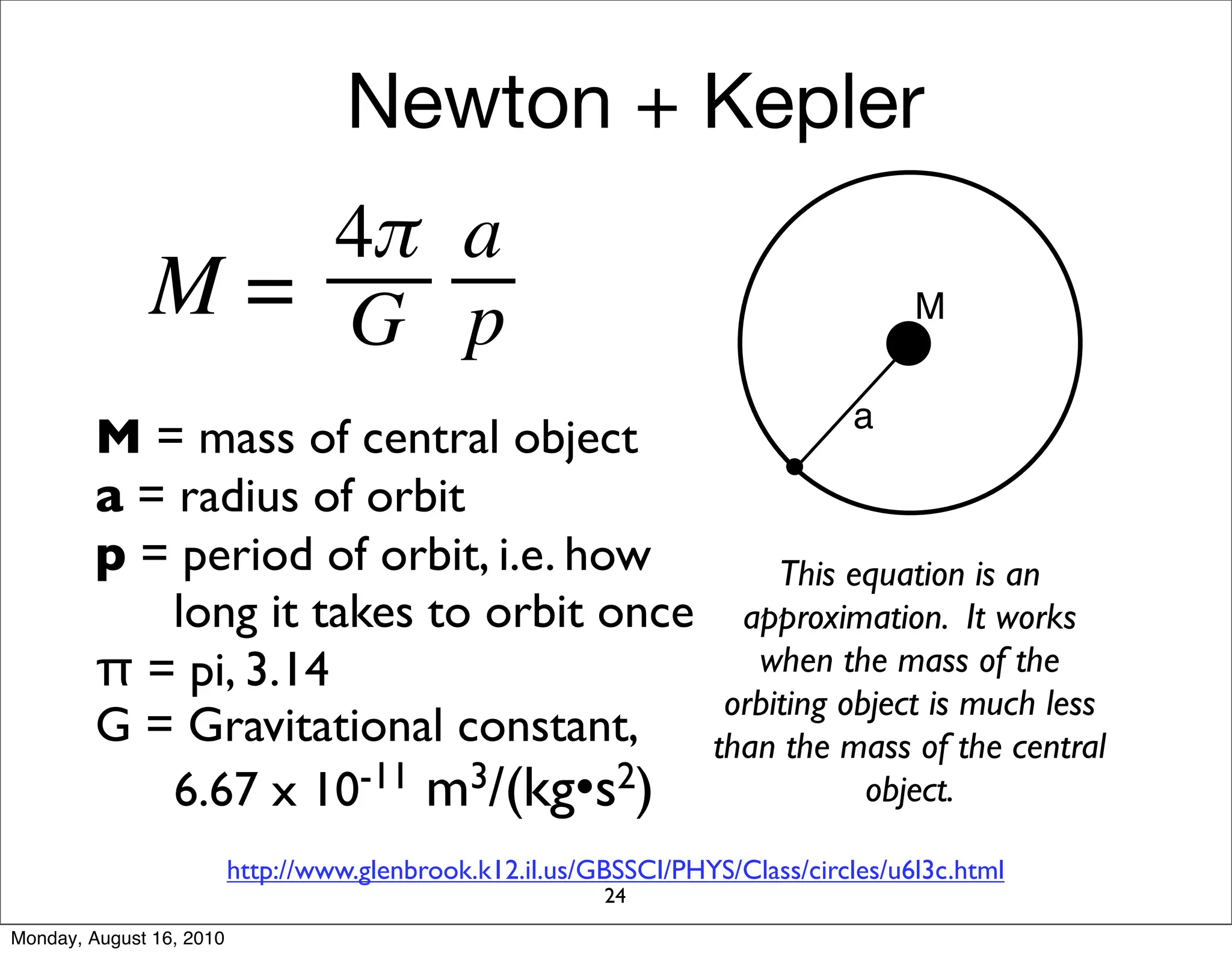 Newton + Kepler

                                                                                     M

                                                                               a
         M = mass of central object
         a = radius of orbit
         p = period of orbit, i.e. how                                  This equation is an
             long it takes to orbit once                             approximation. It works
         π = pi, 3.14                                                 when the mass of the
                                                                    orbiting object is much less
         G = Gravitational constant,                               than the mass of the central
             6.67 x 10-11 m3/(kg•s2)                                           object.

                          http://www.glenbrook.k12.il.us/GBSSCI/PHYS/Class/circles/u6l3c.html
                                                          24
Monday, August 16, 2010
 
