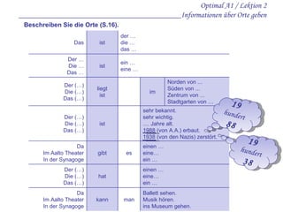 Optimal A1 / Lektion 2 _________________________________________Informationen über Orte geben Beschreiben Sie die Orte  (S.16) .  19  hundert  88   19  hundert  3 8   Das ist der … die … das … Der … Die … Das … ist ein … eine … Der  ( … ) Die  ( … ) Das  ( … ) liegt ist im Norden von ...  S üden von ...  Zentrum von ... Stadtgarten von … Der  ( … ) Die  ( … ) Das  ( … ) ist sehr bekannt.  sehr wichtig.  .... Jahre alt.  1988 (von A.A.) erbaut. 1938 (von den Nazis) zerstört. Da Im Aalto Theater In der Synagoge gibt es einen … eine… ein … Der  ( … ) Die  ( … ) Das  ( … ) hat einen … eine… ein … Da Im Aalto Theater In der Synagoge kann man Ballett sehen. Musik hören. ins Museum gehen. 