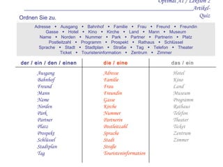 Adresse     Ausgang     Bahnhof     Familie     Frau     Freund     Freundin Gasse     Hotel     Kino     Kirche     Land     Mann     Museum Name     Norden     Nummer     Park     Partner     Partnerin     Platz Postleitzahl     Programm     Prospekt     Rathaus     Schlüssel Sprache     Stadt     Stadtplan     Straße     Tag     Telefon     Theater Ticket     Touristeninformation     Zentrum     Zimmer Ausgang Bahnhof Freund Mann Name Norden Park Partner Platz Prospekt Schlüssel Stadtplan Tag Adresse Familie Frau Freundin Gasse Kirche Nummer Partnerin Postleitzahl Sprache Stadt Straße Touristeninformation Hotel Kino Land Museum Programm Rathaus Telefon Theater Ticket Zentrum Zimmer Optimal A1 / Lektion 2 ______________________________________________________Artikel-Quiz Ordnen Sie zu. der / ein / den / einen die / eine das / ein 