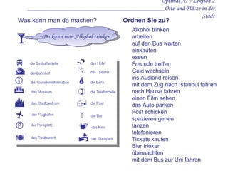 Optimal A1 / Lektion 2 ___________________________________________Orte und Plätze in der Stadt Alkohol trinken  arbeiten  auf den Bus warten  einkaufen  essen Freunde treffen  Geld wechseln  ins Ausland reisen  mit dem Zug nach Istanbul fahren nach Hause fahren  einen Film sehen das Auto parken Post schicken  spazieren gehen  tanzen  telefonieren  Tickets kaufen  Bier trinken  übernachten  mit dem Bus zur Uni fahren  Was kann man da machen? Da kann man Alkohol trinken. Ordnen Sie zu?  