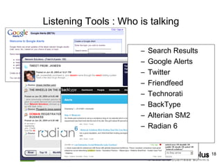 Listening Tools : Who is talking Search Results Google Alerts  Twitter Friendfeed Technorati BackType Alterian SM2 Radian 6 