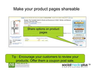 Make your product pages shareable Share options on product pages Tip : Encourage your customers to review your products. Offer them a coupon post sale. 