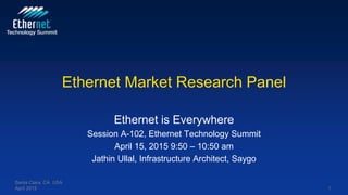 Ethernet Market Research Panel
Ethernet is Everywhere
Session A-102, Ethernet Technology Summit
April 15, 2015 9:50 – 10:50 am
Jathin Ullal, Infrastructure Architect, Saygo
Santa Clara, CA USA
April 2015 1
 