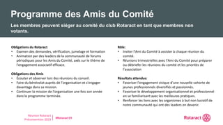 Réunion Rotaract
Préconvention 2019 #Rotaract19
Programme des Amis du Comité
Les membres peuvent siéger au comité du club Rotaract en tant que membres non
votants.
Rôle:
• Inviter l'Ami du Comité à assister à chaque réunion du
comité.
• Réunions trimestrielles avec l'Ami du Comité pour préparer
ou débriefer les réunions du comité et les priorités de
l'association
Résultats attendus:
• Favoriser l'engagement civique d'une nouvelle cohorte de
jeunes professionnels diversifiés et passionnés.
• Favoriser le développement organisationnel et professionnel
en se familiarisant avec les meilleures pratiques.
• Renforcer les liens avec les organismes à but non lucratif de
notre communauté qui ont des leaders en devenir.
Obligations du Rotaract
• Examen des demandes, vérification, jumelage et formation
• Animation par des leaders de la communauté de forums
périodiques pour les Amis du Comité, axés sur le thème de
l'engagement associatif efficace.
Obligations des Amis
• Écouter et observer lors des réunions du conseil.
• Faire du bénévolat auprès de l'organisation et s'engager
davantage dans sa mission.
• Continuer la mission de l'organisation une fois son année
dans le programme terminée.
 