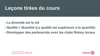 Réunion Rotaract
Préconvention 2019 #Rotaract19
• La diversité est la clé
• Qualité > Quantité (La qualité est supérieure à la quantité)
• Développer des partenariats avec les clubs Rotary locaux
Leçons tirées du cours
 